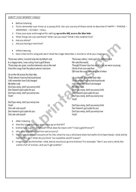 Don´t you worry child - ESL worksheet by manub87