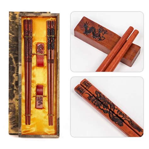 Chopsticks Reusable, Wooden Chopsticks with Engraved Dragon and Phoenix ...