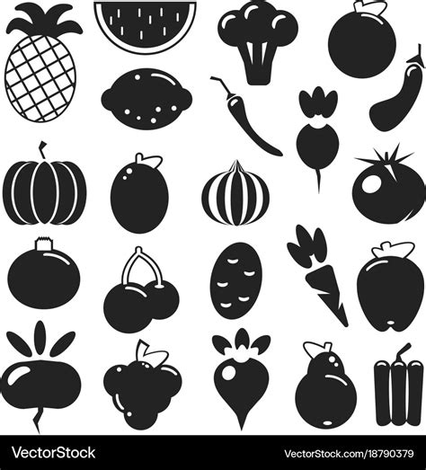 Set black silhouette various fruits and vegetables