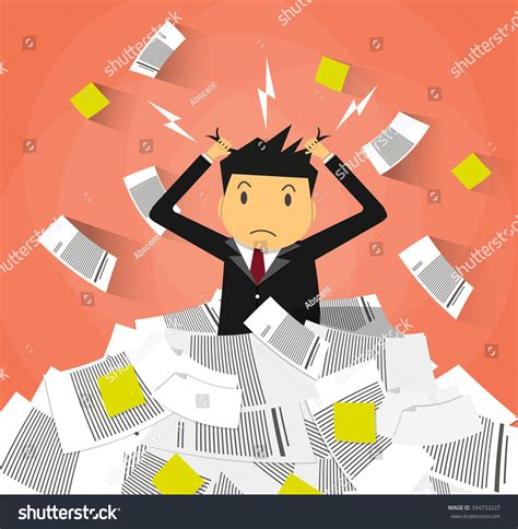 Vektor Stok Stressed Cartoon Businessman Pile Office Papers (Tanpa ...