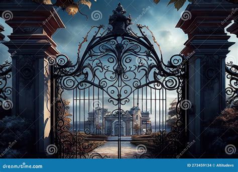 Iron Gates Open, with the View of a Grand and Luxurious Mansion Visible ...