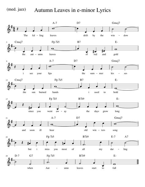 Autumn Leaves in e-minor Lyrics Sheet music for Piano (Solo) | Musescore.com