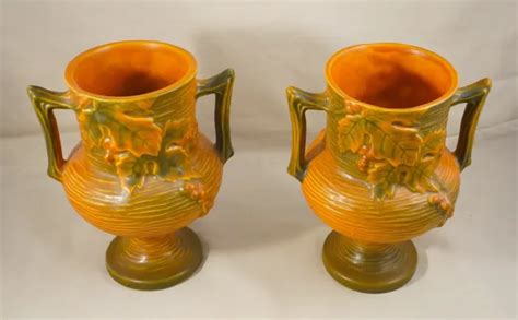 VINTAGE PAIR OF Roseville Pottery Bushberry Trophy Style Vases $129.99 - PicClick