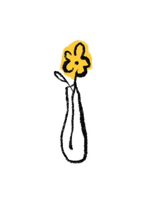 a drawing of a yellow flower in a vase on a white background with black outline