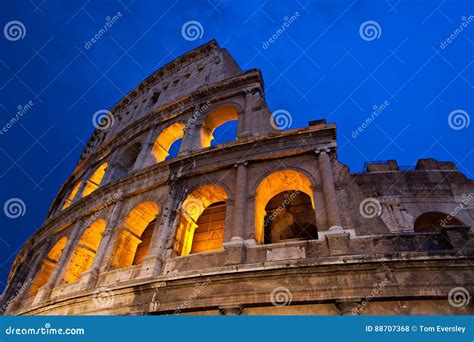 Rome Colosseum at Night with Lights on Stock Photo - Image of historic ...