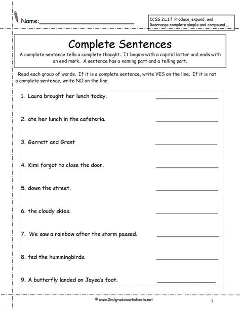 Free Printable Complete Sentence Worksheets