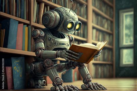 Machine learning, artificial intelligence. Robot reading a book and studying in library ...