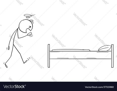 Tired man going to sleep in bed cartoon stick Vector Image