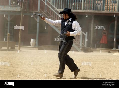 Cowboy shootout at Spaghetti Western film set, Oasys, Mini Stock Photo, Royalty Free Image ...