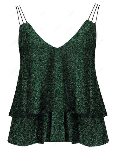 [28% OFF] 2021 Cropped Layered Strappy Glitter Tank Top In BLACKISH GREEN | ZAFUL