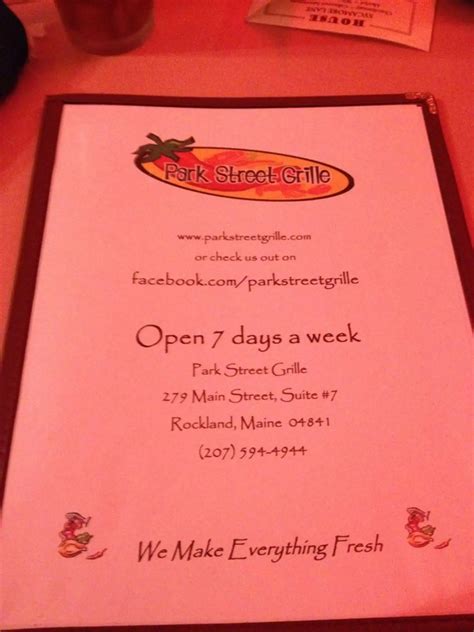 Menu at Park Street Grille pub & bar, Rockland