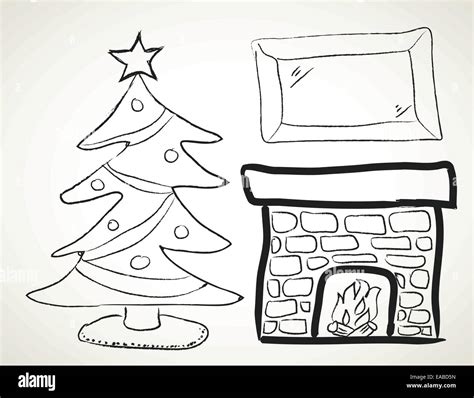 drawing of a Christmas tree next to a fireplace Stock Vector Image & Art - Alamy