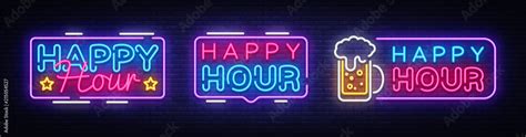 Happy Hour neon banner collection vector design template. Happy Hour ...