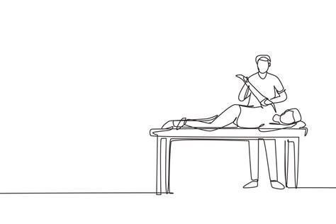 Single one line drawing man patient lying on massage table therapist ...