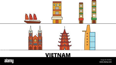 Vietnam flat landmarks vector illustration. Vietnam line city with famous travel sights, skyline ...