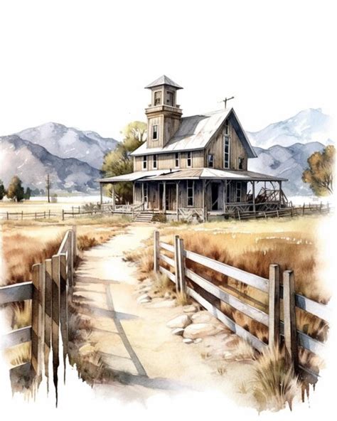 Premium AI Image | Painting of a watercolor of a farm house with a ...