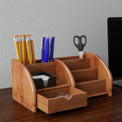 5 Compartment Bamboo Desk Organizer - Wooden Office Supply Storage Accessory with Drawers and ...