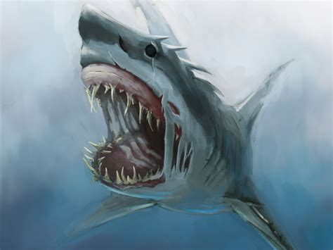 Fondos de pantalla : dibujo, ilustración, monstruos marinos, pescado, Gran tiburón blanco ...