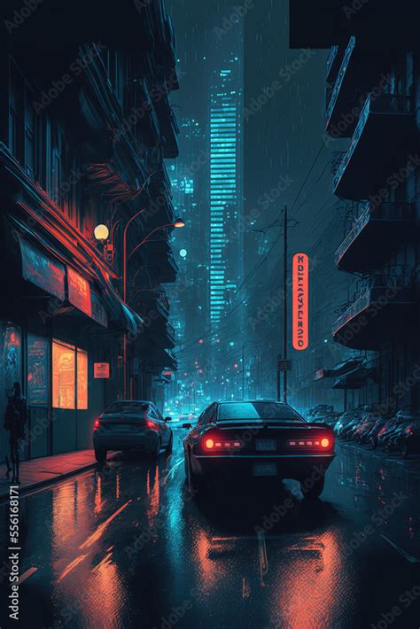 cyberpunk city street at night, dark vintage sci-fi art illustration Stock Illustration | Adobe ...