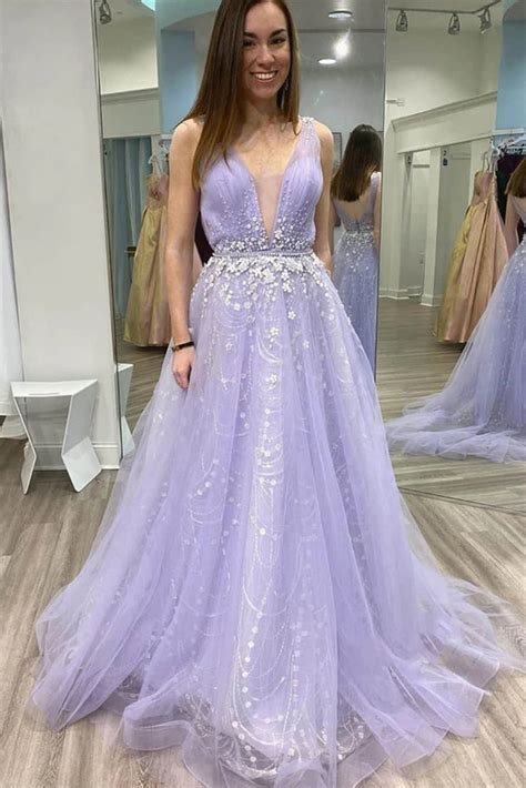 A Line V Neck Tulle Lace Appliques Long Lilac Prom Dress, V Neck Lace – abcprom