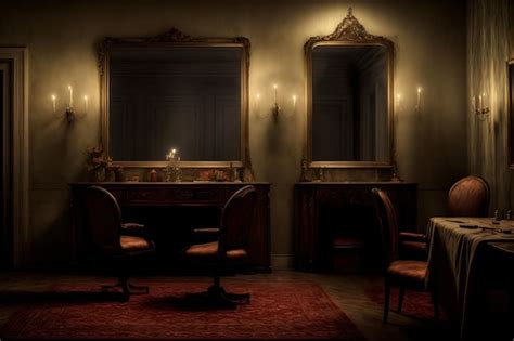 Premium AI Image | A Dimly Lit Room With A Table And Chairs