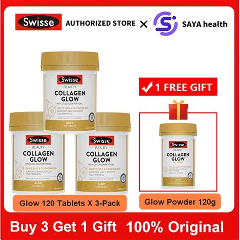 Swisse Beauty Collagen Glow With Collagen Peptides 120 Tablets X 3-Pack with 1Free Gift (Swisse ...