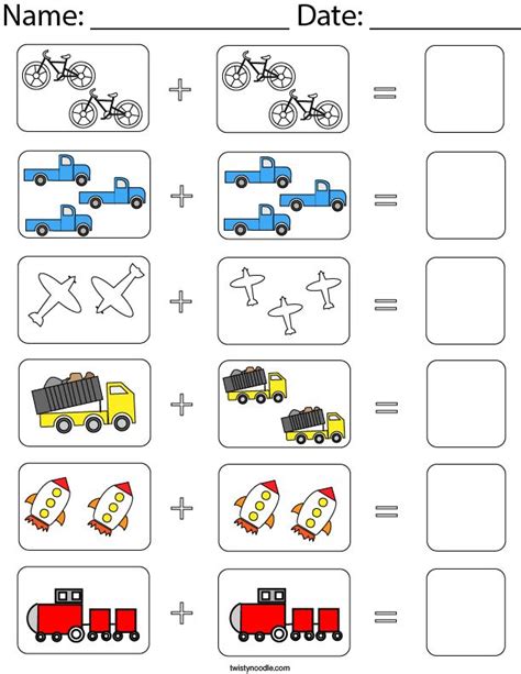 Vehicle Picture Addition Math Worksheet - Twisty Noodle | Math worksheet, Math activities ...