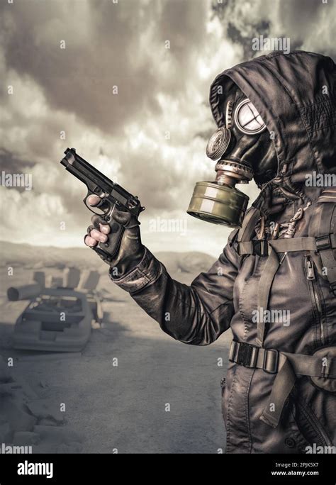 armed man with gas mask in a post-apocalyptic situation Stock Photo - Alamy