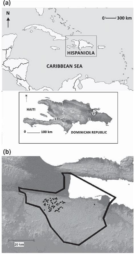 a Maps showing relative location of Hispaniola in the Caribbean; and ...