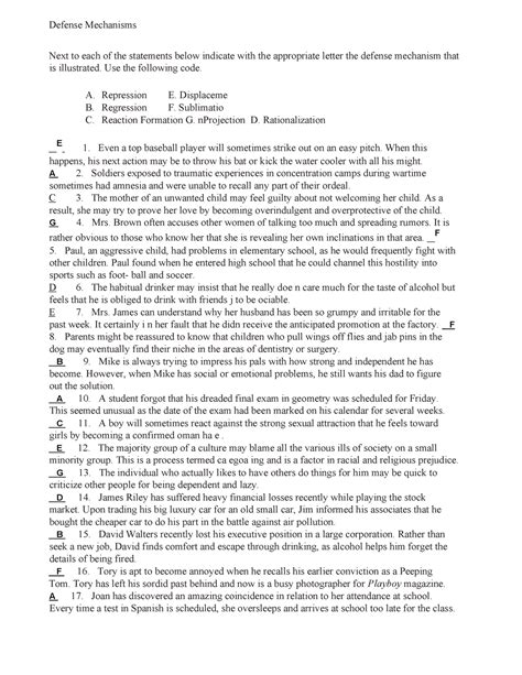 Defense Mechanisms - Worksheet - Defense Mechanisms Next to each of the ...