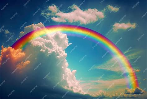 Premium Photo | Rainbow above clouds in blue sky wide angle generative ai