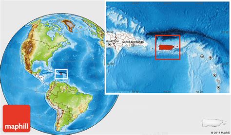 Physical Location Map of Puerto Rico, highlighted continent