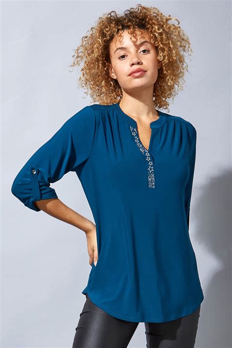 3/4 Sleeve Embellished Top in Teal - Roman Originals UK