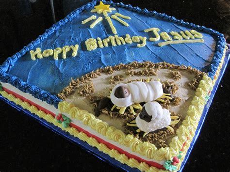 Happy Birthday Jesus - Square cake with nativity scene, baby Jesus, lamb and star made of ...
