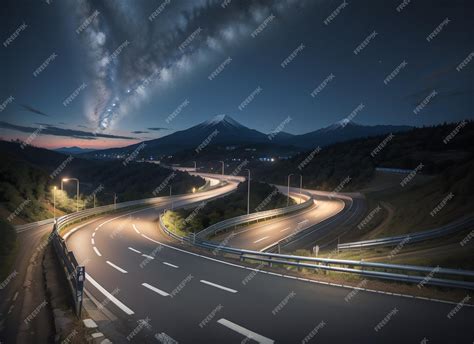 Premium Photo | A highway with a mountain in the background at night ...