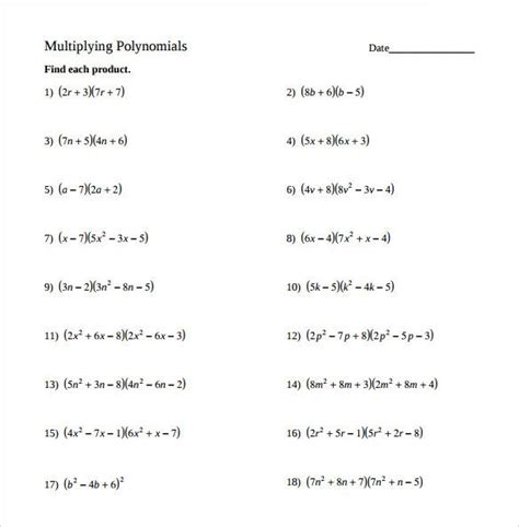 Multiplying And Dividing Polynomials Worksheet