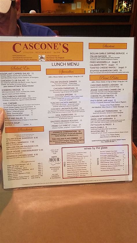 Menu at Cascone's restaurant, Kansas City, N Oak Trafficway