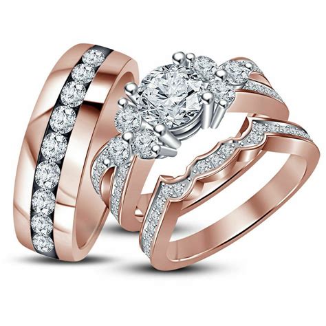 14K Rose Gold Finish His and Her Diamond Engagement Bridal Wedding Trio ...