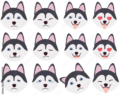 Set of Siberian husky dog emotions. Funny Smiling and angry, sad and ...