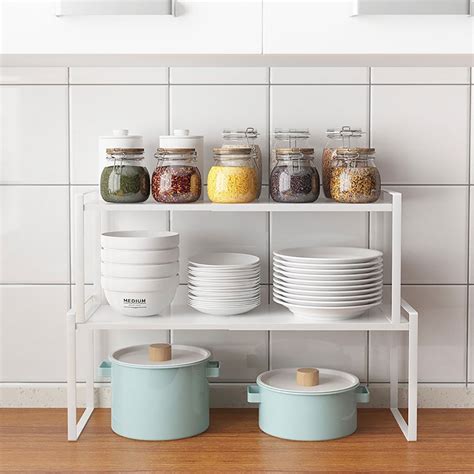 Space Saving Rack Stackable Kitchen Shelving Organizer Rack Shelf Adjustable Kitchen Cabinet ...