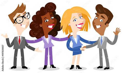 Vector illustration of friendly cartoon business people smiling and shaking hands isolated on ...