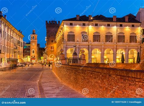 Ferrara, Italy: Evening View of the Historic Center of Ferrara. Illuminated Old Architecture and ...