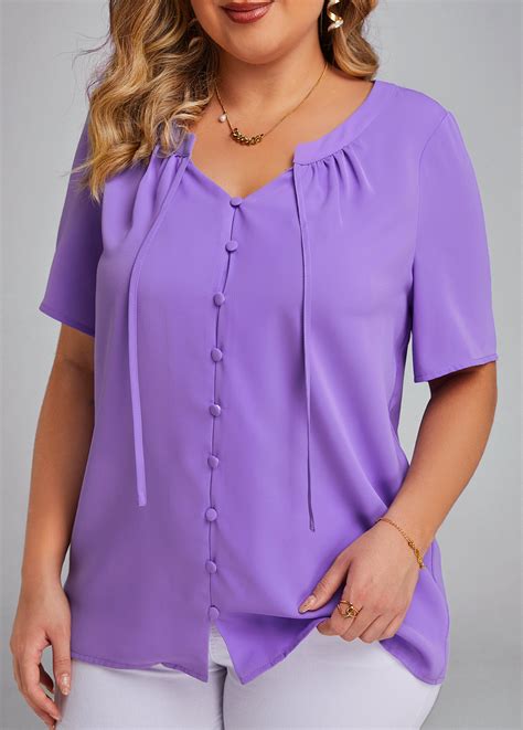 Purple Plus Size Button Short Sleeve Blouse | Rosewe.com - USD $31.98