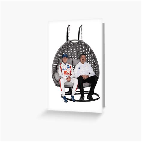 "Guenther Steiner Mick Schumacher Aldi Brochure Chair" Greeting Card by Beetle-Indust | Redbubble