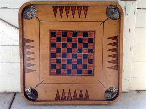 Vintage Wooden Game Board With Mesh Corner Pockets Carrom