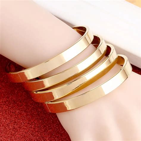 4pcs New Open Size Women High Polished Simple Gold Color Plain Bangles ...