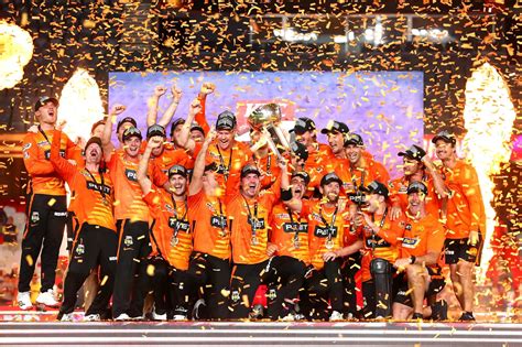 An ecstatic Perth Scorchers squad celebrate their title victory ...