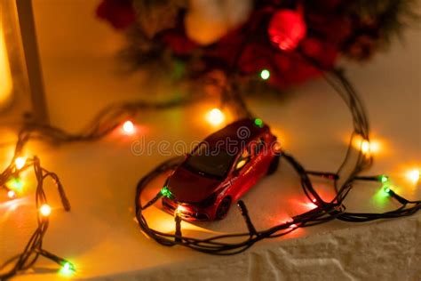 Toy Car on Christmas Lights Background. New Year Stock Photo - Image of ...