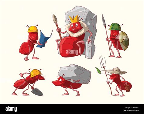 Colorful vector illustrations of cartoon ants, anthill colony queen, soldiers workers and ...