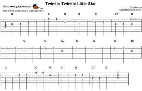 TWINKLE TWINKLE LITTLE STAR Easy Guitar Tab: GuitarNick.com